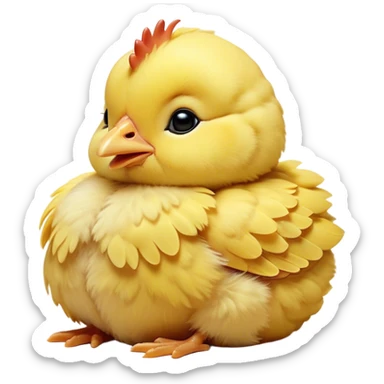 Meme-Worthy Cute Sleeping Yellow Baby Chicken Portrait Emoji, Head resting peacefully with a contented smile, showcasing a delightfully tiny build and a luxuriously soft bright yellow downy coat, eyes shut in a serene, restful nap, Simplified yet hilariously adorable features, highly detailed, glowing with a soft, drowsy light, high shine, relaxed and utterly lovable, stylized with an air of playful laziness, bright and heartwarming, soft glowing outline, capturing the essence of a comically sleepy chick, so meme-worthy it feels like it could instantly become the next viral sensation of adorable slumber! sticker