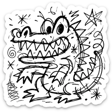 hand-drawn outlined crocodile with a quirky, chaotic design sticker