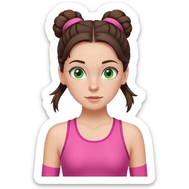 a white brunette girl with green eyes and freckles going for a run in a pink outfit with hair up in bun sticker