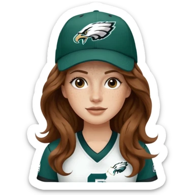 White girl with long medium brown wavy hair and freckles wearring a Philadelphia eagles jersey and hat sticker