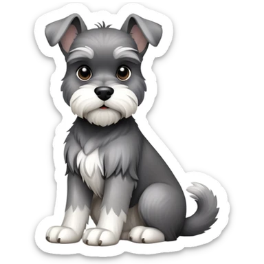 cinematic-[schnauzer]-realistic-full-body-sitting-emoji,-tail-resting-loosely-beside-its-paws,-head-tilted-dramatically, -sleek-[grey and white]-fur,-simplified-yet-realistic-focused-features,-highly-detailed,-glowing-with-an-almost-sarcastic-glow sticker