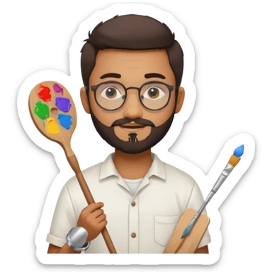 generate an ios genmoji of a 20 year old tan indian boy with rounded spectacles and a whaler beard, carrying a paintbrush and palette sticker