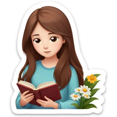 Girl with long brown hair reading a poetic book, surrounded by flowers and soft light bloomcore  sticker