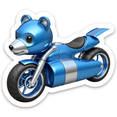  Metallic blue and lightly chrome-accented  kid-sized race car for furry scary robot teddy bear with custom aero body and rear wing and motorcycle-sized wheels  sticker