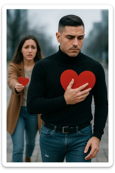 un uomo italiano in abiti casual si allontana da una donna che cerca di abbracciarlo. Lui stringe al petto un grande cuore rosso, mentre lei ne tiene uno più piccolo; entrambi hanno espressioni tristi, e la distanza emotiva è sottolineata da uno sfondo sfocato e freddo. sticker