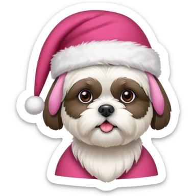 one little white all over shih tzu dog with pink santa hat and one mostly white with black havanese dog wearing a red santa hat sticker