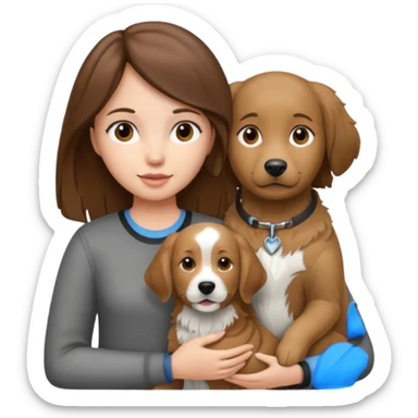 Girl with brown hair holding grey white and black golden retriever dog sticker