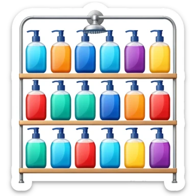 Shower with body wash, shampoo, and conditioner on racks  sticker