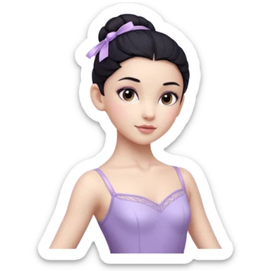 Cinematic Realistic ballerina Light Purple Portrait, depicted with lifelike skin texture, subtle rosy undertones, and soft natural lighting that enhances the gentle contours of her face. Her intricately detailed sweet black hair is elegantly styled, sticker