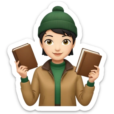 tan skin, non binary asian man with pixie cut black hair, wearing brown jacket and dark green beanie, smiling , holding up books  sticker