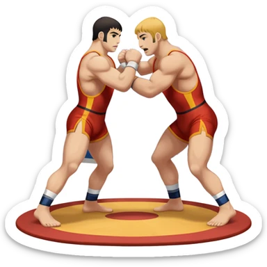 An icon symbolizing Greco-Roman wrestling, showing two wrestlers locked in a powerful grip, focusing on upper-body techniques. The background features a wrestling mat, with the athletes wearing traditional singlets. Transparent background highlights the strength and skill of the sport. sticker