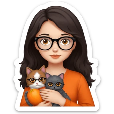 girl with dark brown hair, medium length to her chest, slightly wavy, the girl has black glasses and black eyes, she’s holding a grey fluffy cat with bright orange eyes  sticker