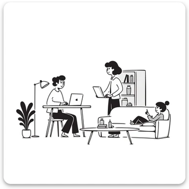 escenary 3d of a cozy mid-century living room with two people working on laptops, one man standing at a desk, and one woman sitting on a couch sticker