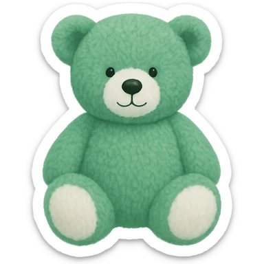 Change the teddy bear's fur to green and white, keep it soft and plush, no shadows, flat lighting, no background. The style should maintain the original look of the teddy bear in the image. sticker