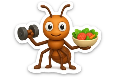 EMOJI STILE IPHONE 3D DI UNA formica CHE ha un manubrio da palestra nella mano destra e un insalata nella mano sinistra, FAGLI GLI OCCHI CON LA PARTE BIANCA, NON SOLO LA PUPILLA sticker