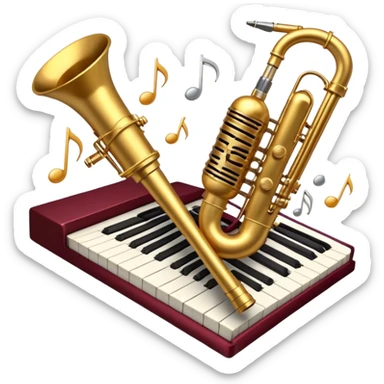 Create a vibrant emoji representing jazz vocal performance. The design should feature a vintage microphone, with musical notes swirling around it, symbolizing the improvisational and expressive nature of jazz singing. Add subtle elements like a jazz trumpet and saxophone in the background to represent the ensemble often accompanying jazz vocals. Include a set of piano keys or a grand piano in the design to reflect the jazz club atmosphere. Use warm, rich colors like deep gold, black, burgundy, and silver to create a soulful and elegant vibe. The background should be transparent. sticker