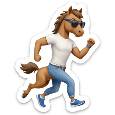 friendly anthropomorphised stallion in jeans and a t-shirt, wearing dark sunglasses, jogging upright in standard pose sticker