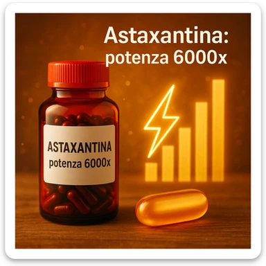 hyper realistic Astaxantina with energy symbol, orange and golden capsule, red bottle, bar chart, text 'Astaxantina: potenza 6000x', motivational atmosphere sticker