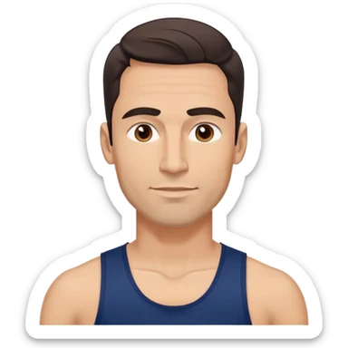 Youthful-looking athletic 40-year-old man with light brown skin, elongated face, defined jawline, attractive features, medium dark eyes, arched eyebrows, straight nose, confident expression, medium wavy dark hair with modern style, wearing a navy blue tank top sticker