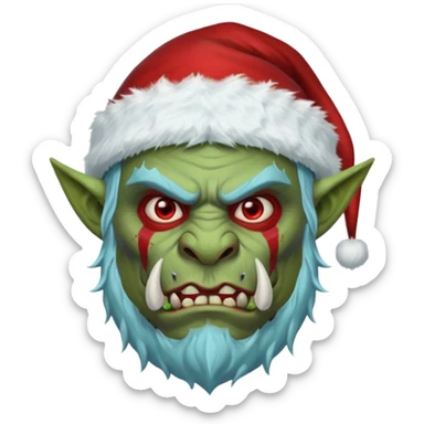 Fantasy orc portrait emoji, Santa Claus hat adapted for orc head with tusks, icy blue and deep red frost war paint on face, brutal winter warrior mood, strong facial features, minimal tribal design, clean high readability emoji style, male/female variant
 sticker