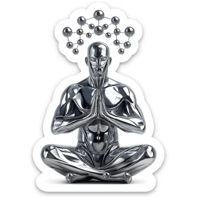 stylized chrome statue of a man meditating, with a network of chrome orbs suspended above him, futuristic and polished sticker
