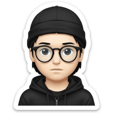teenage boy (black hair, white skin, black eyes) wearing black glasses (nerd) and hide all his hair under a cap. wearing normal hoodie sticker