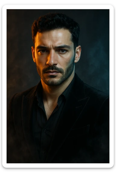 Usa questa immagine come riferimento per creare un ritratto iperrealistico e ravvicinato di un carismatico nodello maschile, ambientato in un contesto editoriale suggestivo. I volto è illuminato da fasci di luce ambrata e blU ghiaccio che contrastano tra loro, esaltando la simmetria marcata della mascella, la sottile barba incolta e uno sguardo penetrante e sicuro. I| modello indossa una giacca sartoriale scura in morbido velluto, leggermente sbottonata sul colletto. Lo sfondo sfuma in un profondo gradiente antracite con una delicata foschia cinematografica e sottili bagliori di luce. Un lieve velo di nebbia avvolge la sua silhouette, accentuando un'atmosfera sofisticata e misteriosa. L'effetto complessivo evoca un'eleganza di alta moda con un tocco moderno e malinconico, ideale per una campagna pubblicitaria di lusso o per la copertina di una prestigiosa rivista. sticker