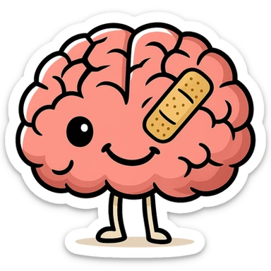 Create a cartoon style brain with a crack, a bandage, and a big smile. Keep the background transparent. The style should be playful and colorful, suitable for a cartoon illustration. sticker