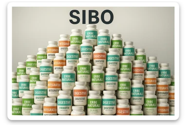 montagna di barattoli di integratori contro la SIBO con etichette in italiano sticker