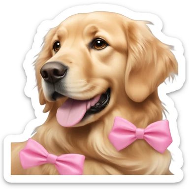 Golden retriever laying down with a pink bow on the right ear sticker