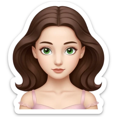 Cinema Realistic Ballerina Portrait, with porcelain-like skin featuring a natural rosy flush, illuminated by soft lighting that highlights the gentle contours of her face. Her Brunette hair flows in soft.Her deep green light eyes radiate framed by arched brows and long lashes. sticker