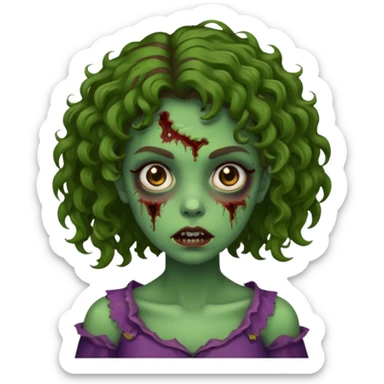 faça uma garota zombie, com a pele verde, cabelo castanho cacheado abaixo do ombro linda sticker