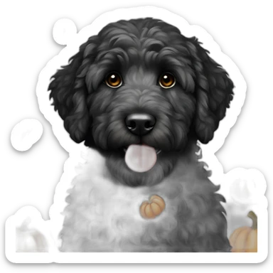 A black goldendoodle with grey spots, sitting by a jackolantern sticker
