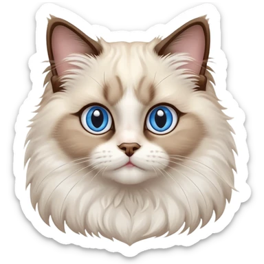 cinematic-adorable-big-eyed-fluffy-ragdoll-cat-portrait-emoji,-head-tilted-playfully-with-a-sweet-expression,-fluffy-white and brown-fur,-simplified-yet-irresistibly-cute-features-with-large,-expression, blue eyed ragdoll cat sticker