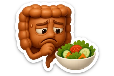 EMOJI STILE IPHONE DI UN INTESTINO UMANO ANATOMICO CHE GUARDA UN INSALATA CON ESPRESSIONE TRISTE E RASSEGNATA IN VOLTO: SOFFRE LA FAME PERCHé è A DIETA, FAGLI ANCHE LA PARTE BIANCA DEGLI OCCHI, NON SOLO LE PUPILLE, IPERREALISTICO 4K sticker