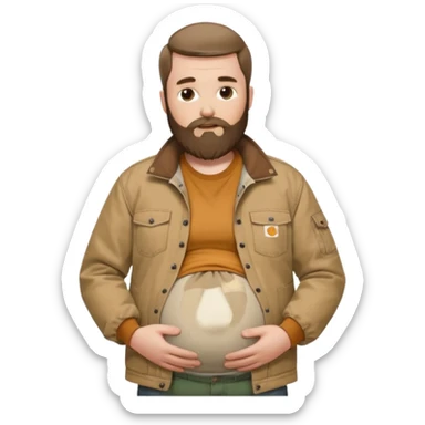 Bearded man rubbing pregnant belly poking out of shirt wearing a tan canvas carhartt jacket sticker