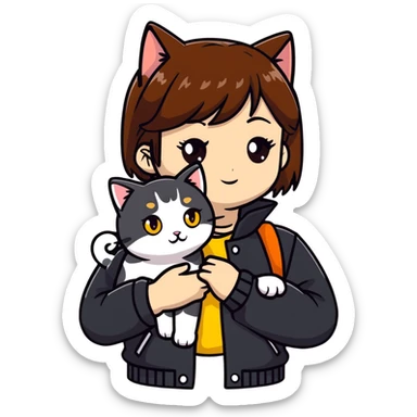 Light-skinned girl with brown straight hair wearing a black jacket, with one pure white cat with yellow eyes and one calico cat with orange black and white patches sticker