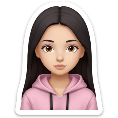 A pretty girl with light skin and long straight black brown hair, wearing a very light pink basic hoodie with brown eyes and makeup sticker