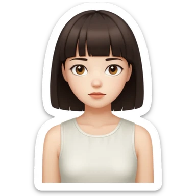 a short bob with bangs and dark brown hair. They have a calm expression, fair skin, and wear a sleeveless white cropped top sticker