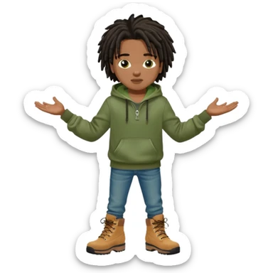 African American boy with short black dreadlocks wearing a green Nike hoodie wearing denim skinny jeans and timberland boots with his hands out sticker