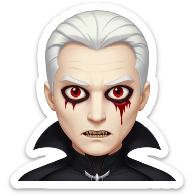 Creat a young man Vampire with white skin and white hair "make him have slide back hair" and full black vampire clothes and bloody eyes and long fangs and scary dead eyes and silver logo on his neck sticker