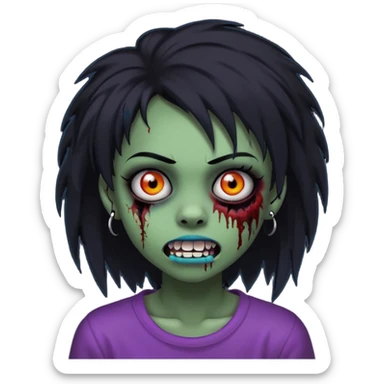 girl, zombie, black coily hair, medium long, emo, shaggy, dark, spooky, piercing on eyebrow, colourful teeth, creepy blank expression sticker