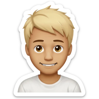 Male with short, messy blonde hair, large expressive golden-brown eyes, brown skin, scar over nose, crooked smile showing slightly damaged teeth, wearing a plain white t-shirt. sticker