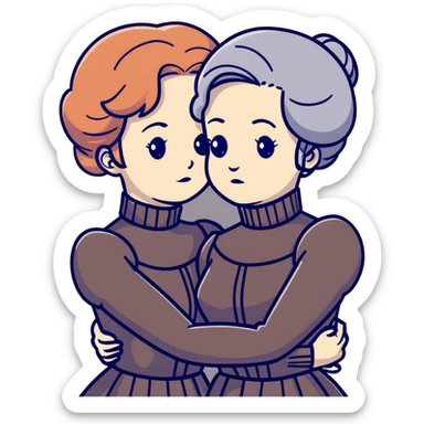 Two Victorian women in a sad intimate hug, one with white coiffed hair and one with copper coiffed hair, both with grey eyes, wearing Victorian turtleneck dresses sticker
