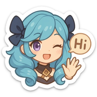 Gwen from League of Legends, chibi style, only head, hi emote, right eye purple, sample 1 sticker