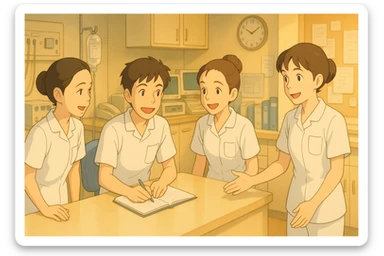 Animated scene of four nursing students inspired by photos, interacting in a care station, Ghibli style. White short-sleeve uniforms, medical tunics with V-neck, left chest pocket, no classic collar, no stethoscopes, no fabric under sleeves. Team spirit, bright care decor. sticker