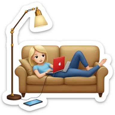 A girl is working with a laptop while lying on a sofa, with a floor lamp to the right. sticker