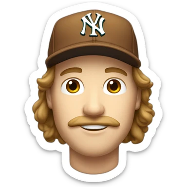 white man with brown long hair and ny baseball cap and mustache sticker