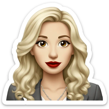 Russian Blonde long hair with big red lips small nose and black eyes Tiffany diamond seller in a grey suit sticker