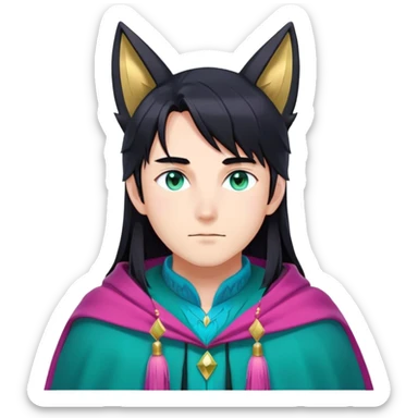anime man with long-straight-dark-black hair, long black fox ears with pink Scapha, colorful-gradient-brown-turquoise eyes, gold earring, dark-blue-sweater, green cape behind, white pupils, turquoise tassel sticker